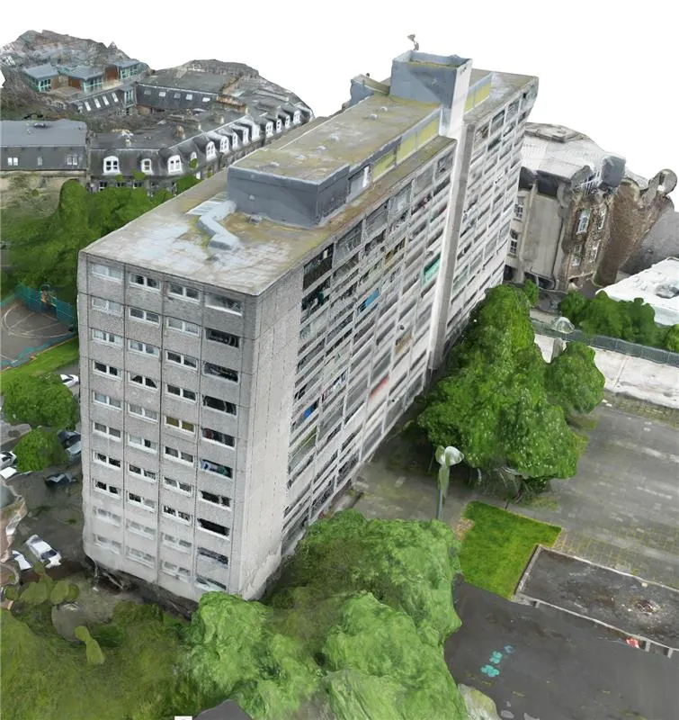 Photogrammetry capture of multi-storey tower block showing detailed facade survey