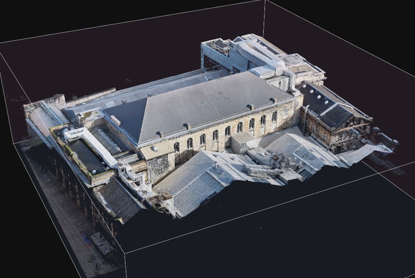 Aerial drone point cloud of the Glasgow City Halls complex showing the slated roof, plant enclosures, and surrounding Merchant City buildings