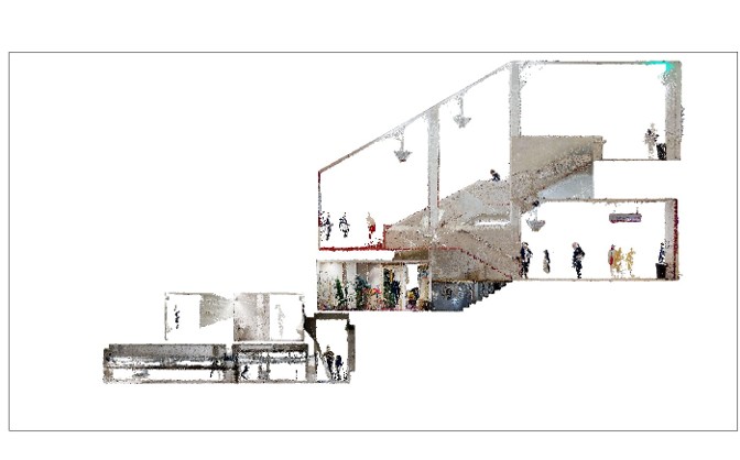 Colourised point cloud section cut through the Glasgow Royal Concert Hall foyer and grand staircase, generated from a Matterport survey by Kanna Spatial
