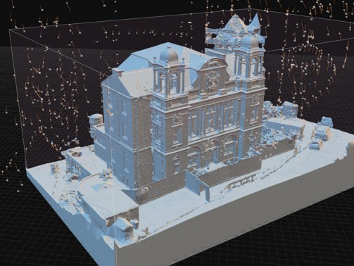 Untextured 3D mesh model of the Victoria building generated from the drone LiDAR survey, with flight path positions visible above